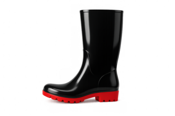 Stylish rubber boots with a glossy black upper and contrasting red sole, perfect for rainy days
