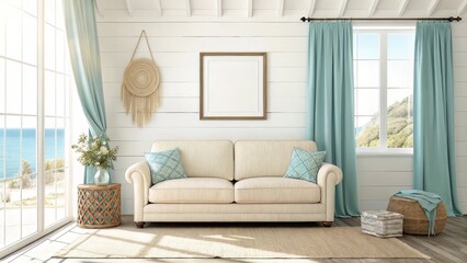 Coastal-inspired living room with a single blank frame above a cream sofa, accented by light blue curtains and airy natural lighting