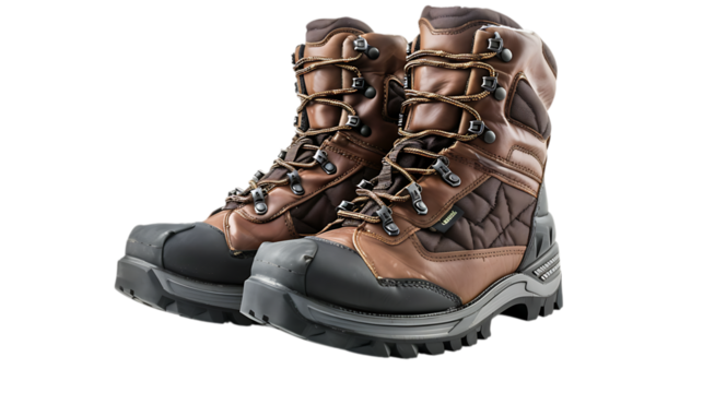 A pair of brown leather hiking boots with laces and a thick sole on a plain setting