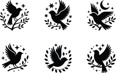 Obraz premium Collection of black bird silhouette logos with stars and branches design