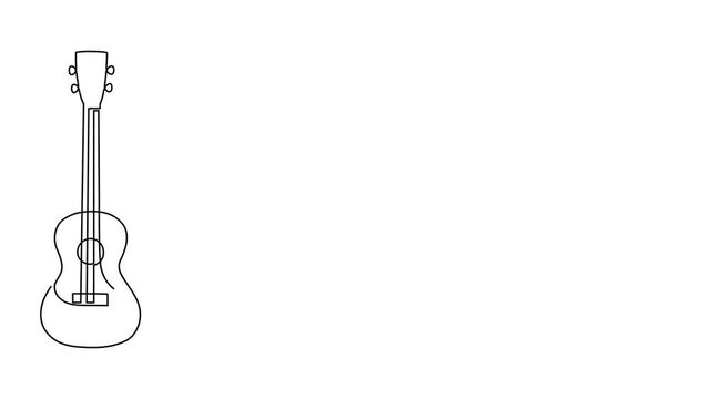 Ukulele musical concept one line art animation, hand-drawn playing Hawaiian string instrument drawing continuous contour motion. Acoustic small guitar outline melody outline video. 4k self-drawing