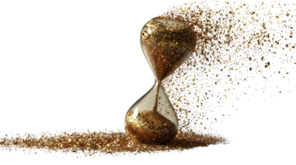 3D hourglass with falling sand, symbol of time passing, background isolated on a Transparent background, PNG file.