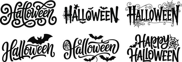 Obraz premium Halloween lettering silhouette vector set with various hand drawn text, bat, and spider web for holiday and party themes.