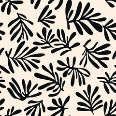 Vector seamless pattern with hand-drawn botanical leaves. Abstract organic texture with branches, foliage. Modern tropical background. Repeated design for textile, decor, wallpaper, print, clothing