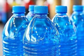Several translucent plastic water bottles with blue colored caps