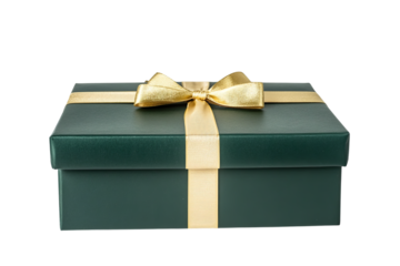 Elegant dark green gift box with a golden ribbon and bow isolated on transparent background