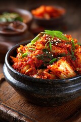 Korean kimchi dish served in a traditional black bowl, garnished with green onions and sesame seeds, showcasing vibrant colors and rich textures of fermented vegetables