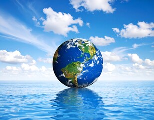 Earth in ocean, blue sky