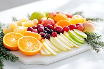 Vibrant fruit platter with berries, apples, and citrus slices on marble surface