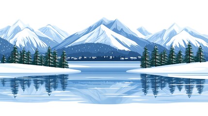 A beautiful winter landscape with snow covered mountains and lake