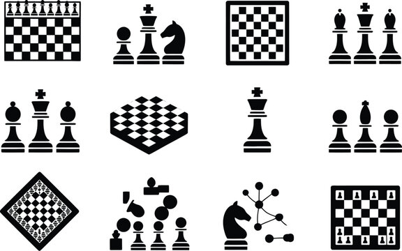 A collection of chess board and chess pieces in black and white vector format