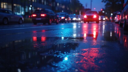 Fototapeta premium Urban Night Scene with Colorful Light Reflections on Wet Streets - Cinematic City Background