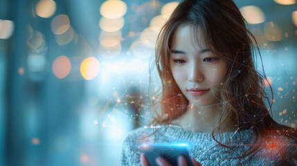 Woman using smartphone with network graphic overlay in city at night