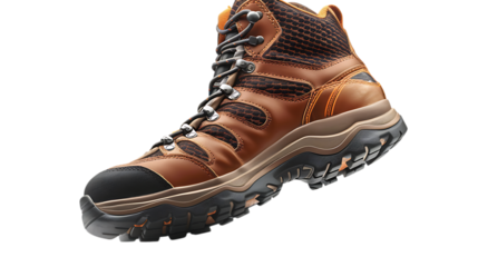 Close up of a brown leather hiking boot with laces and a thick treaded sole on a dark surface