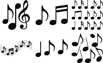 Music note silhouette vector set with various musical note and clef icons for music, sound, and melody design.