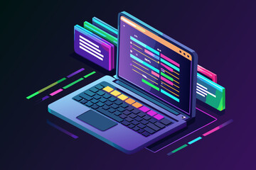 Dark Mode Coding and Technology: Isometric Laptop with Neon Code for Programming and Software Engineering Projects.