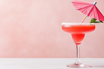 Tropical strawberry daiquiri with umbrella garnish and fresh strawberries
