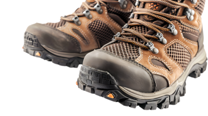 Close up view of a pair of brown and gray hiking boots with patterned laces and rugged soles