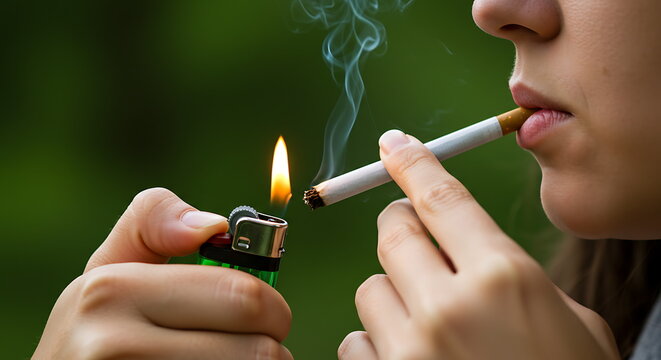 Woman lighting a cigarette outdoors close up smoking addiction