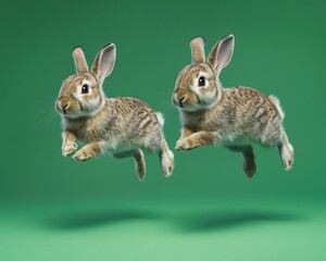 Obraz premium Two adorable brown rabbits leaping playfully against a vibrant green background.