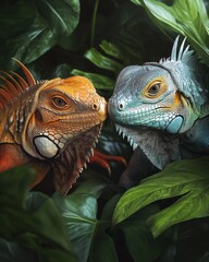 Two vibrant iguanas, one orange and one turquoise, share a moment amidst lush green foliage.