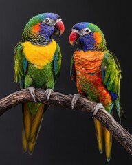 Fototapeta premium Two vibrant lorikeets perched on a branch, showcasing their colorful feathers against a dark background.