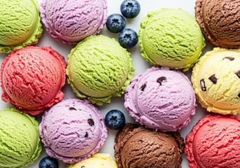 Many colorful scoops of ice cream with blueberries. Summer sweet dessert for refreshment and celebration. Party food concept.