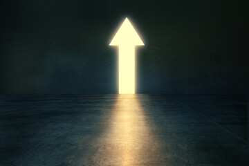 Glowing arrow pointing upward in dark empty room