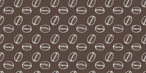 Vector seamless pattern with white coffee bean outlines on chocolate brown background. Minimalist coffee shop design with hand-drawn grain illustrations. Classic repeated design for decor, packaging