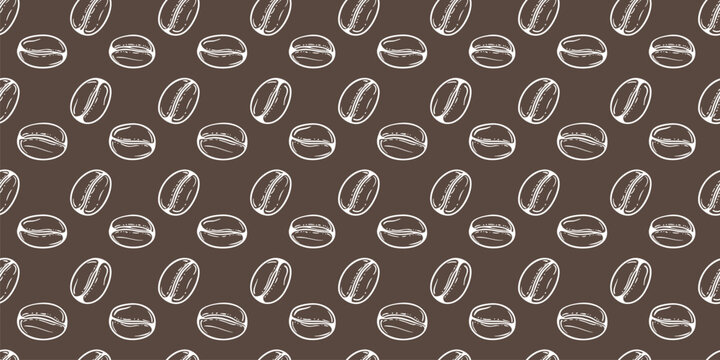 Vector seamless pattern with white coffee bean outlines on chocolate brown background. Minimalist coffee shop design with hand-drawn grain illustrations. Classic repeated design for decor, packaging