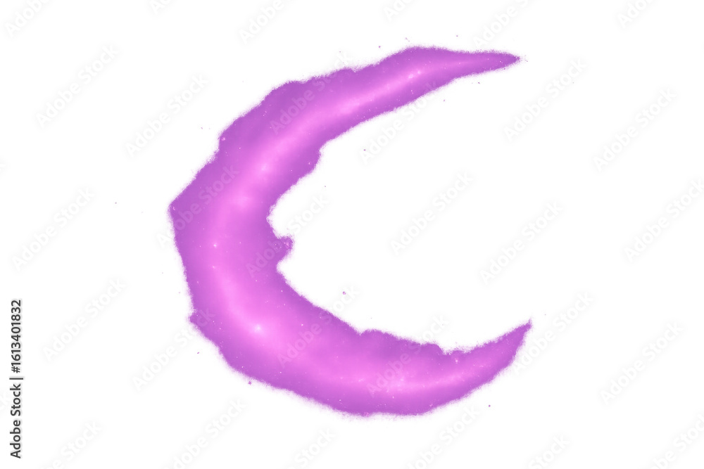 Poster purple crescent moon trail glowing with sparkling particles, creating mystical transparency for ench