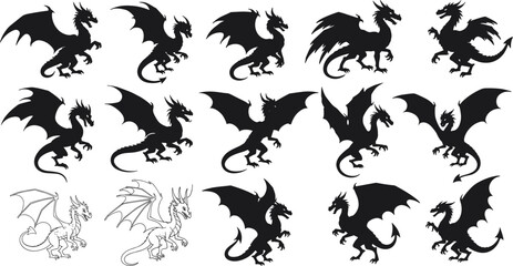 Dragon silhouettes and detailed line art, mythical fantasy creatures, winged dragons icons, black and white vector illustrations, medieval theme