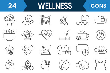 Wellness icon vector set. Icon for wellbeing, mental health, healthcare, cosmetics, spa, medical, yoga, spa, relaxation, exercise, diet, meditation, aromatherapy and more. Vector illustration.