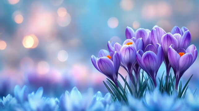 A cluster of vibrant purple crocus flowers blooming in soft morning light, signifying spring's gentle arrival, suitable for seasonal greeting cards or tranquil banners.