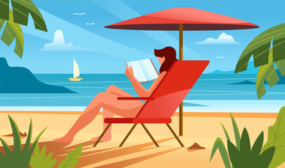 Woman tourist lying on deck chair and reading book. Summer holidays, travel, vacation poster. Vector illustration in flat style.