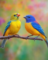 Fototapeta premium A vibrant duo of colorful songbirds perched on a branch, showcasing nature's beauty in a blurred floral backdrop.