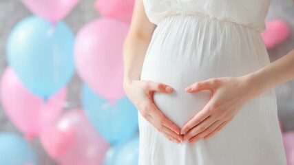 beautiful pregnant woman in white dress surrounded by pink and blue balloons animation - Powered by Adobe