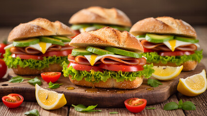 High-end, gourmet sandwiches with crusty bread, layered ingredients, and dramatic lighting. Emphasis on texture and freshness-ideal for foodies.
