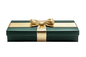 Elegant dark green gift box with golden ribbon and bow isolated on transparent background