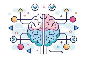 Human brain represented as a central hub with ideas and decisions in a modern flat design