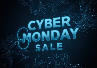 Cyber monday sale announcement with futuristic circuit board background and glowing blue text