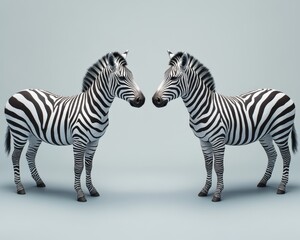 Naklejka premium Two playful zebras standing face to face in a serene environment, showcasing their striking black and white stripes.