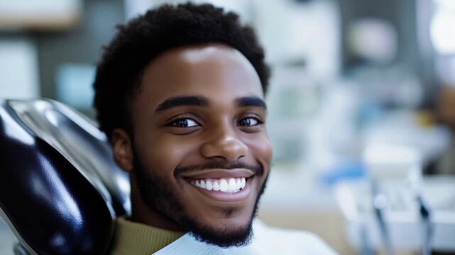 A young man smiles confidently while sitting in a dental chair at a modern dental clinic during a routine check up - Powered by Adobe
