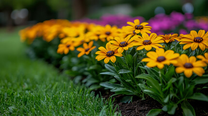 Obraz premium A vibrant summer garden display showcasing radiant yellow daisy-like blooms and lush green foliage, suitable for a cheerful natural print.