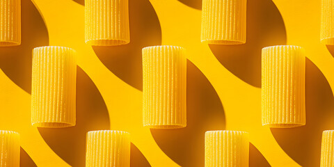 Cylindrical pasta pieces are evenly spaced against a vivid yellow backdrop, showcasing their texture and color