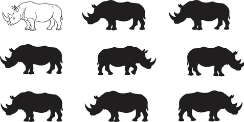 Rhino silhouettes and detailed line art, various black rhinoceros profiles, wildlife vector illustrations, strong animal shapes, African rhinos