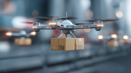 Obraz premium Drone delivery concept. Autonomous unmanned aerial vehicle used to transport packages