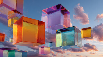 Colorful translucent cubes glide through the sunset sky, reflecting and refracting light in a mesmerizing show