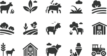 A collection of farm related icons including cows fields and farm buildings