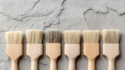 A variety of paint brushes with wooden handles on a textured gray surface, showcasing their unique bristle styles